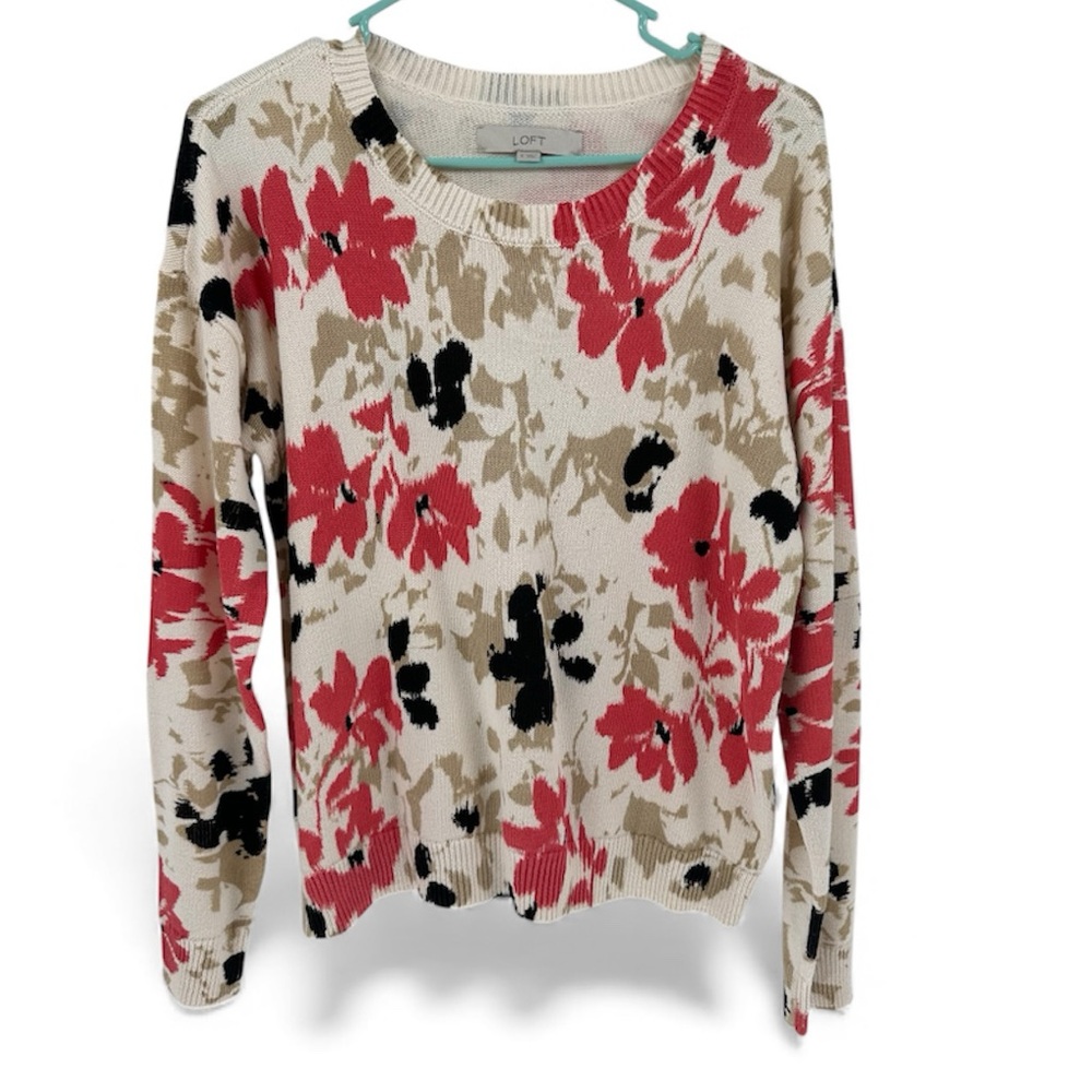 Loft Long Sleeve Crew Neck Floral Print Pullover Sweater Size S Cream Coral